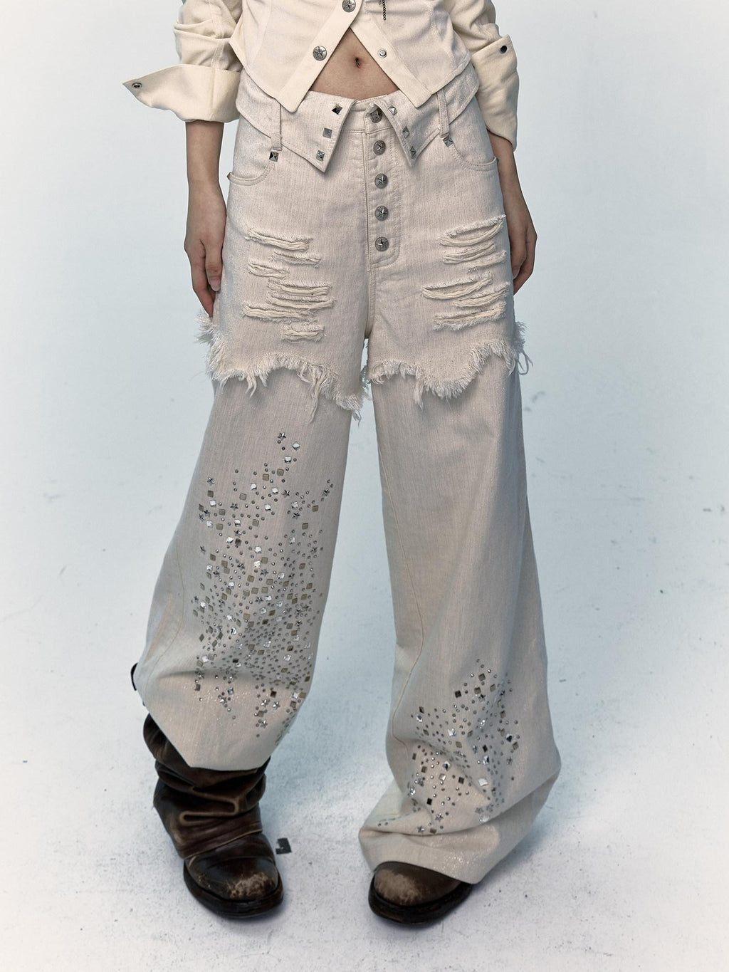 NO ROMANCE High Waist Washed Loose Fit Pockets Beige Girls Cotton Blend Wide-Leg Jeans