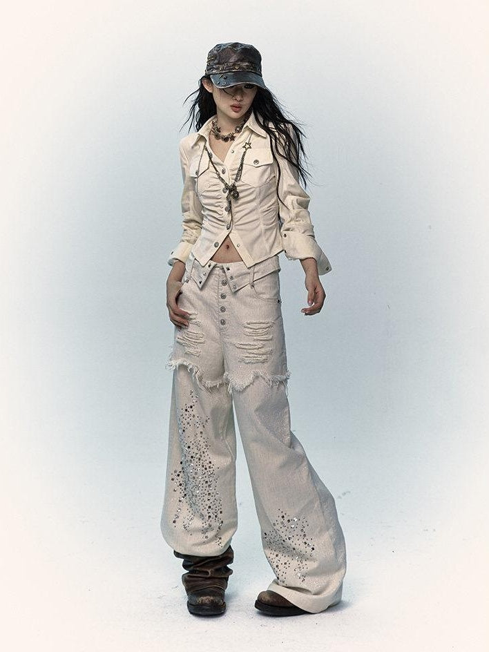 NO ROMANCE High Waist Washed Loose Fit Pockets Beige Girls Cotton Blend Wide-Leg Jeans