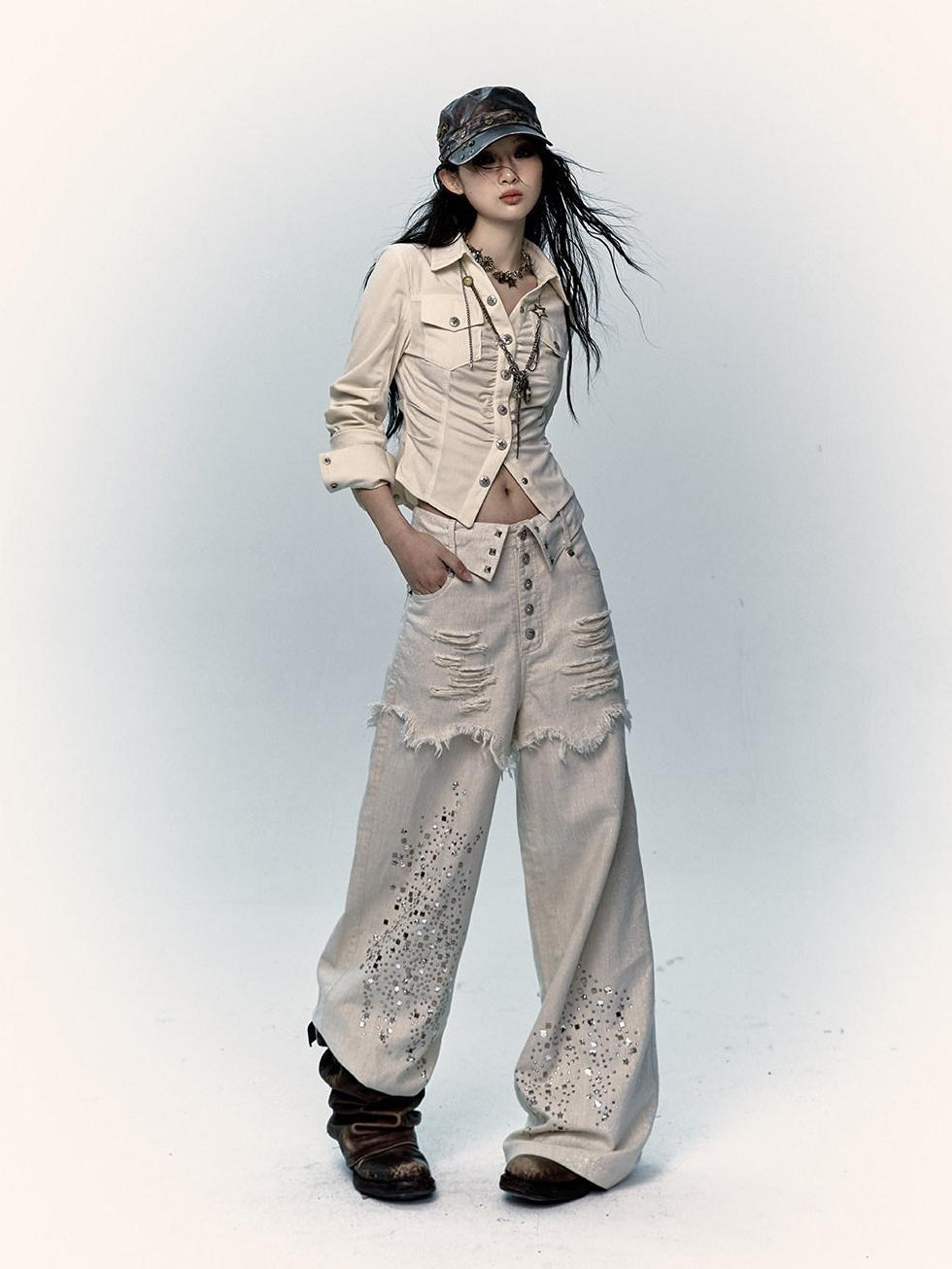 NO ROMANCE High Waist Washed Loose Fit Pockets Beige Girls Cotton Blend Wide-Leg Jeans