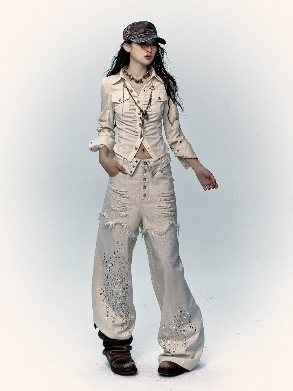 NO ROMANCE High Waist Washed Loose Fit Pockets Beige Girls Cotton Blend Wide-Leg Jeans
