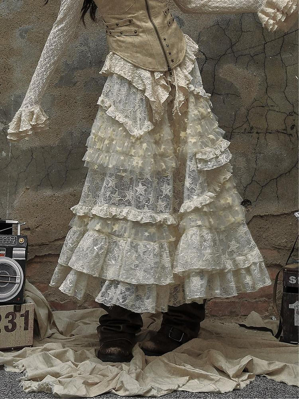 NO ROMANCE High Waisted Lace Tulle A Line Vintage Travel Beige Maxi Skirts