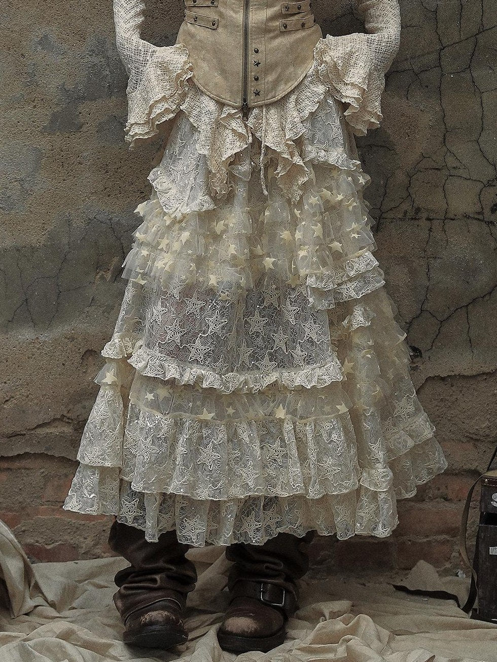 NO ROMANCE High Waisted Lace Tulle A Line Vintage Travel Beige Maxi Skirts