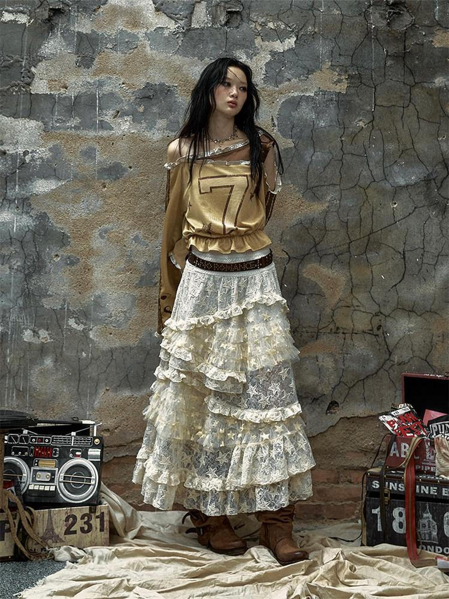 NO ROMANCE High Waisted Lace Tulle A Line Vintage Travel Beige Maxi Skirts