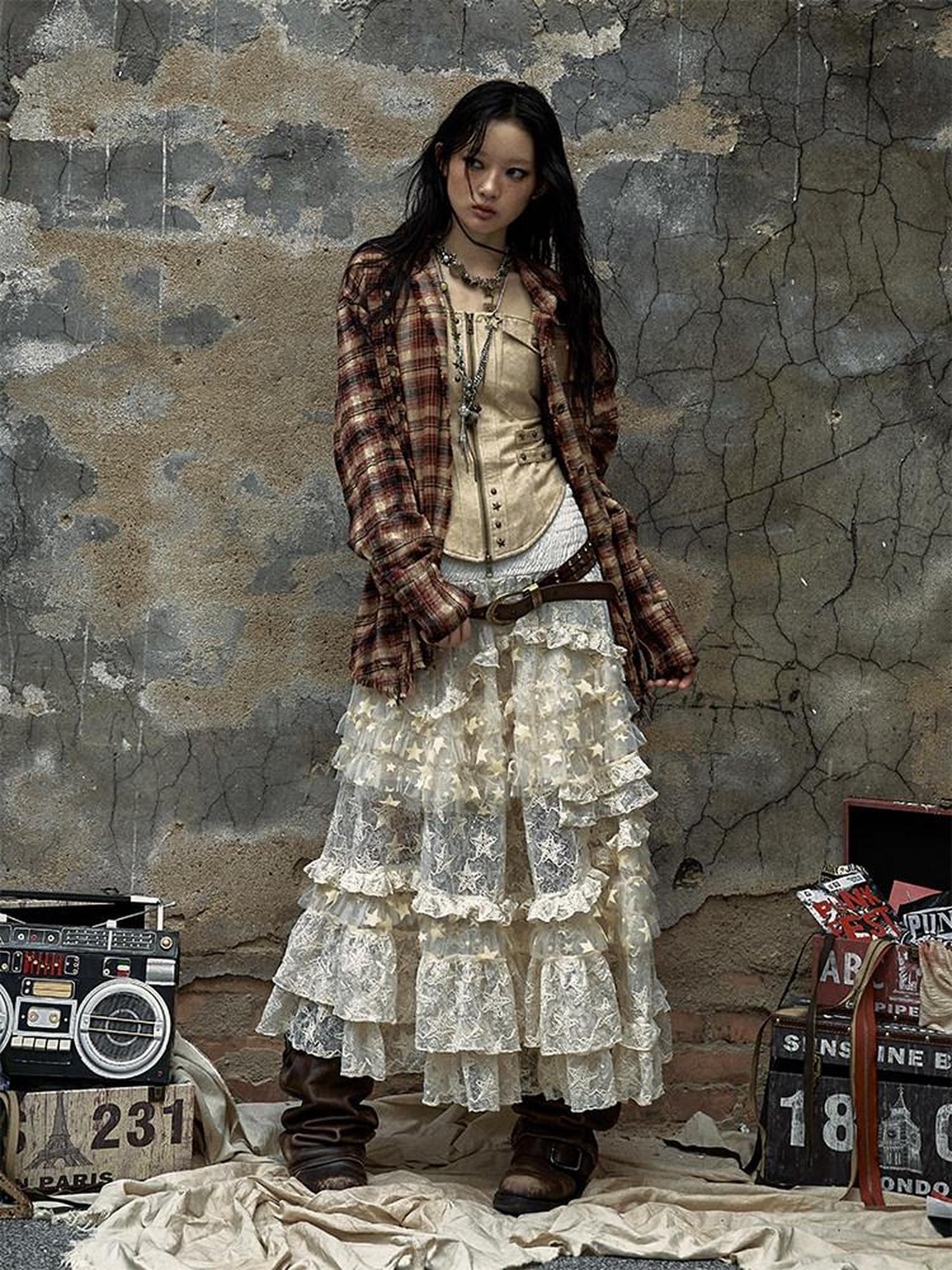 NO ROMANCE High Waisted Lace Tulle A Line Vintage Travel Beige Maxi Skirts