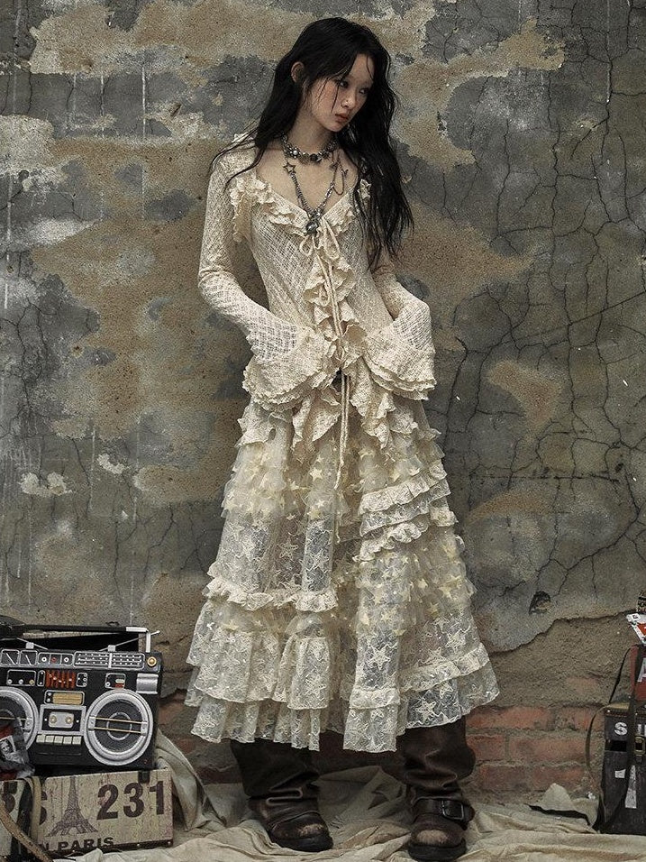 NO ROMANCE High Waisted Lace Tulle A Line Vintage Travel Beige Maxi Skirts