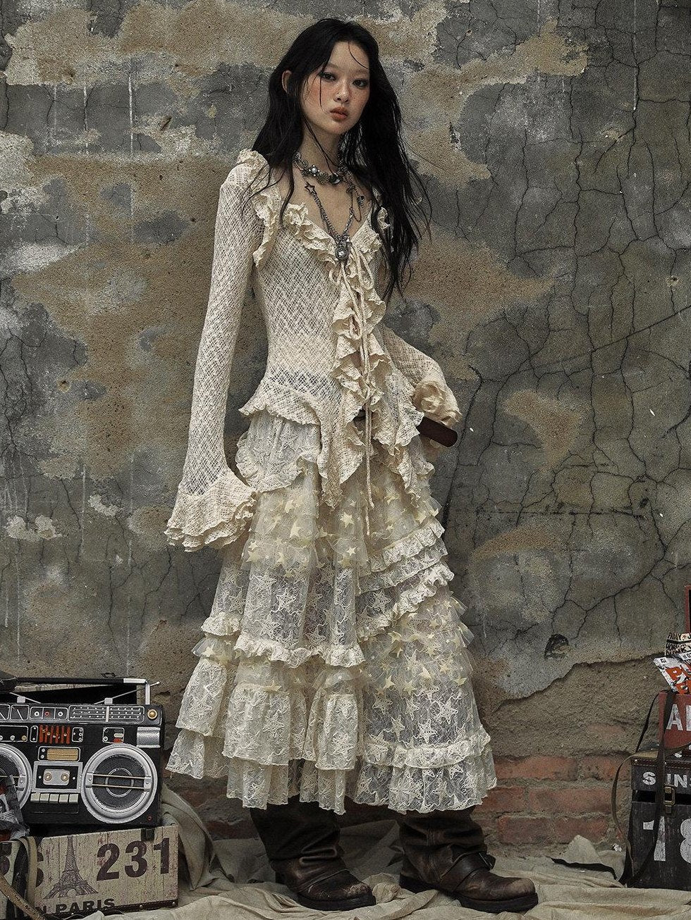 NO ROMANCE High Waisted Lace Tulle A Line Vintage Travel Beige Maxi Skirts