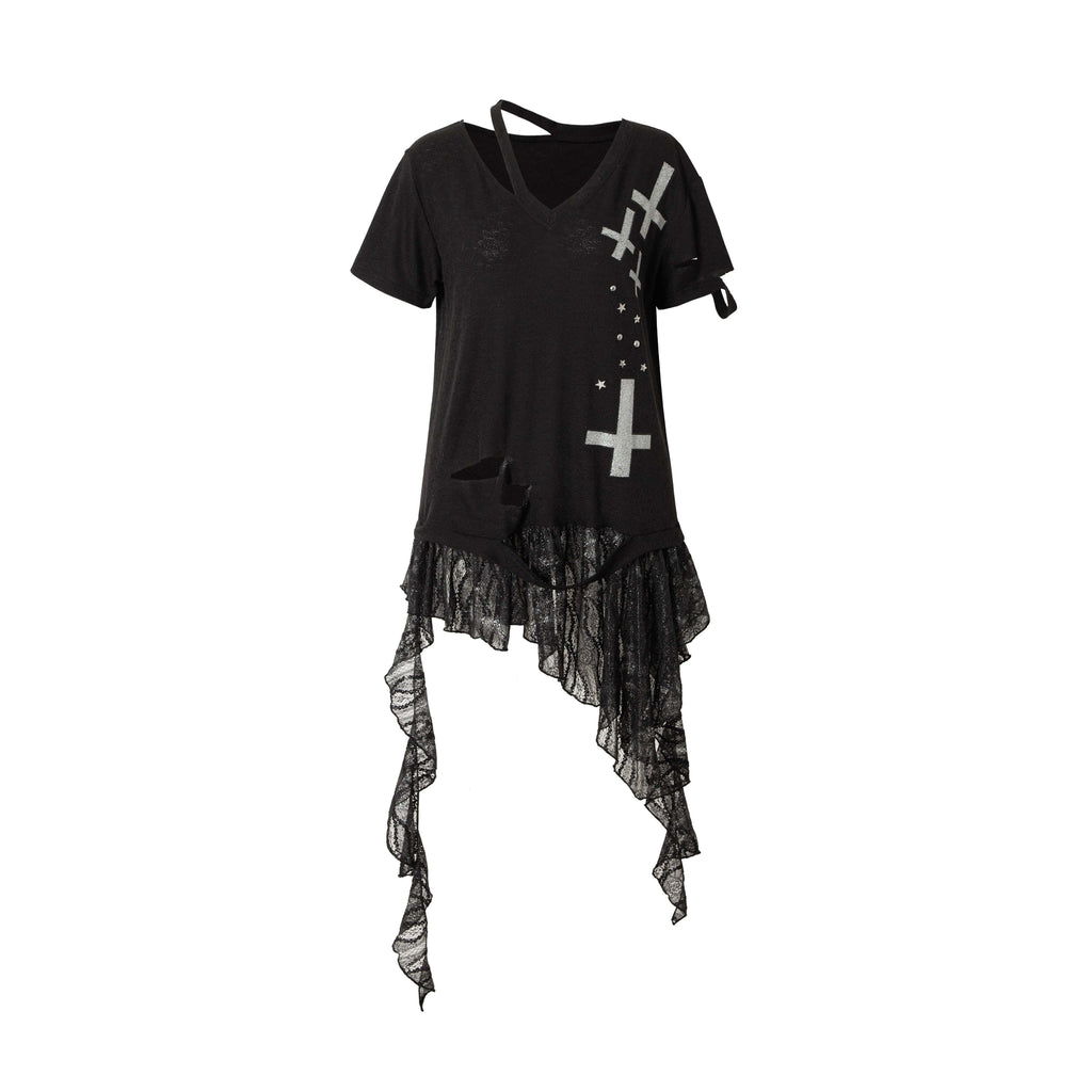 NO_ROMANCE_Lace_Cross_Print_Punk_Street_Loose_V-neck_Women_Black_Gray_Short_Sleeve_T-Shirts_MISSTT