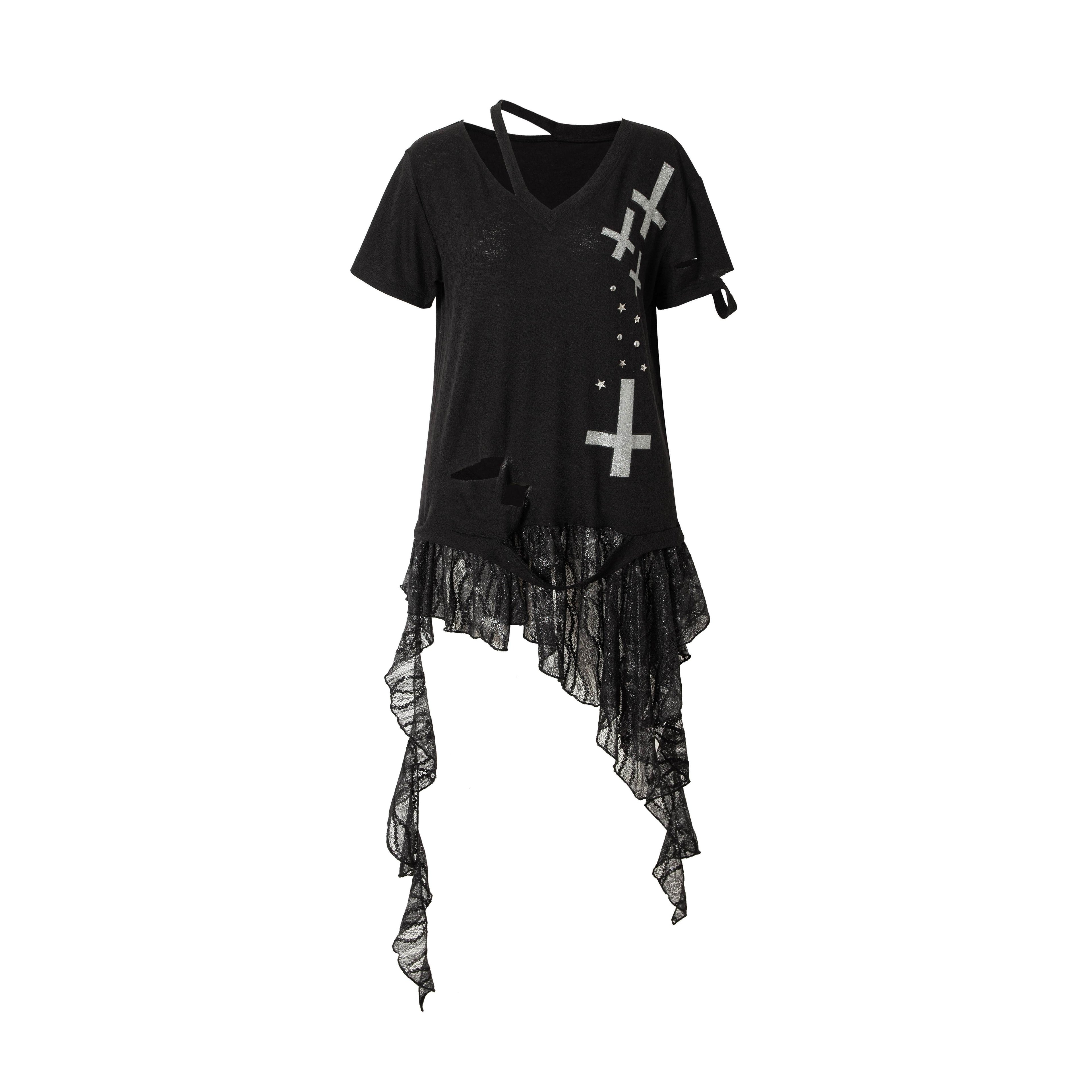 NO_ROMANCE_Lace_Cross_Print_Punk_Street_Loose_V-neck_Women_Black_Gray_Short_Sleeve_T-Shirts_MISSTT