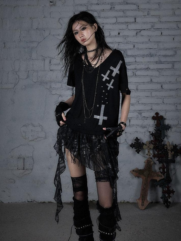 NO ROMANCE Lace Cross Print Punk Street Loose V-neck Women Black Gray Short Sleeve T-Shirts