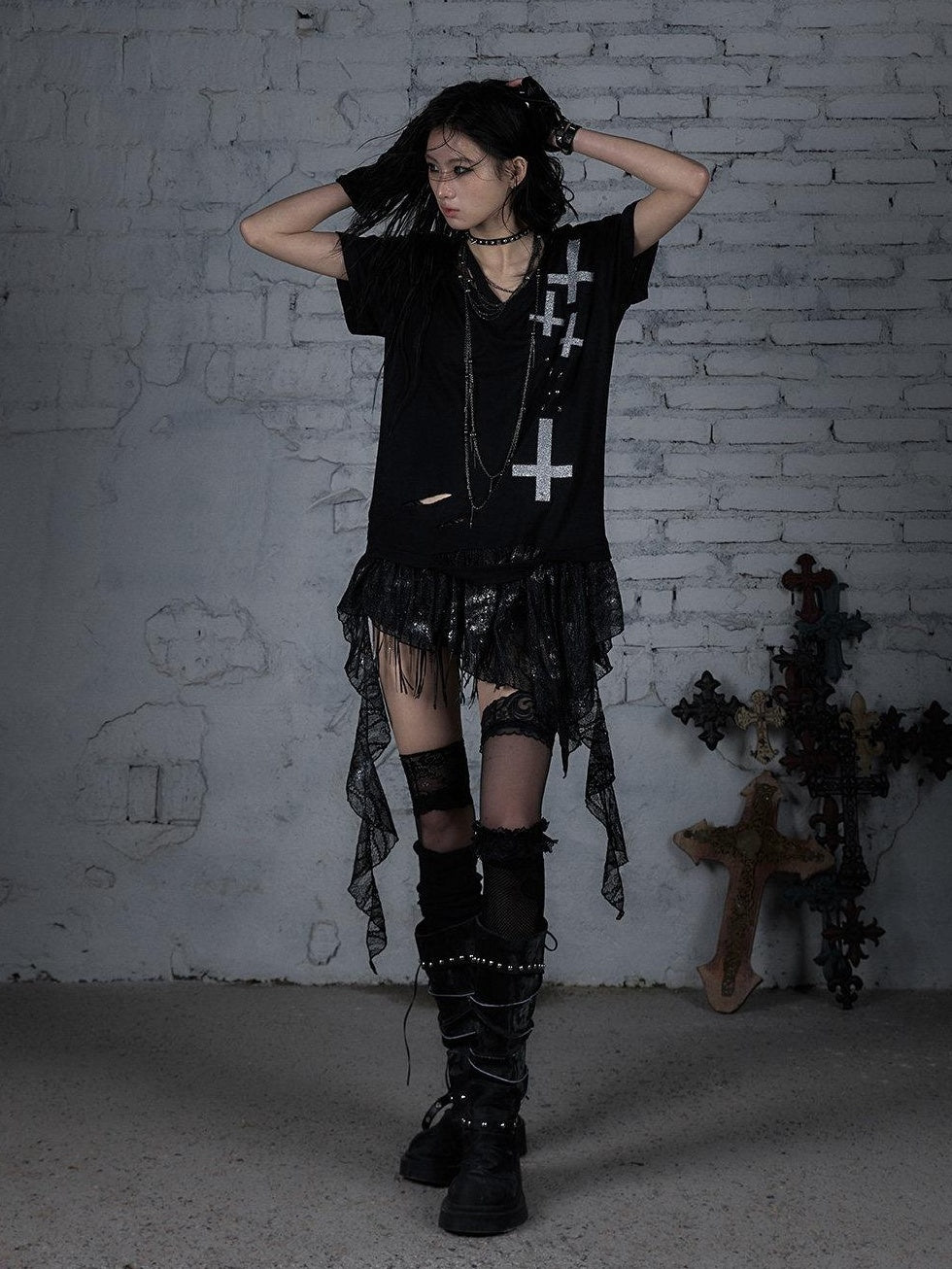 NO ROMANCE Lace Cross Print Punk Street Loose V-neck Women Black Gray Short Sleeve T-Shirts