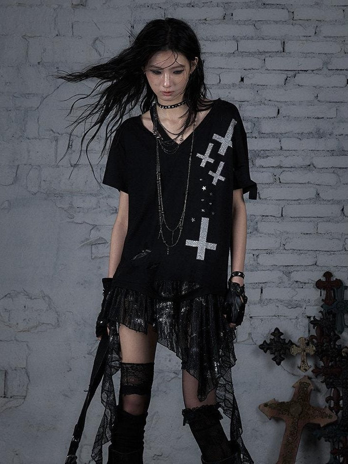 NO ROMANCE Lace Cross Print Punk Street Loose V-neck Women Black Gray Short Sleeve T-Shirts