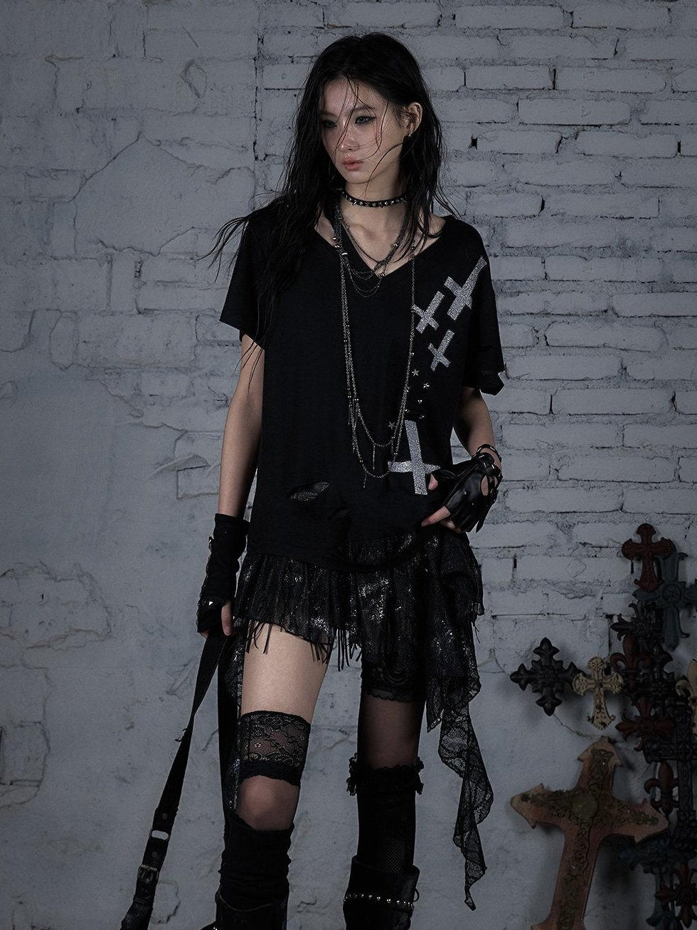 NO ROMANCE Lace Cross Print Punk Street Loose V-neck Women Black Gray Short Sleeve T-Shirts