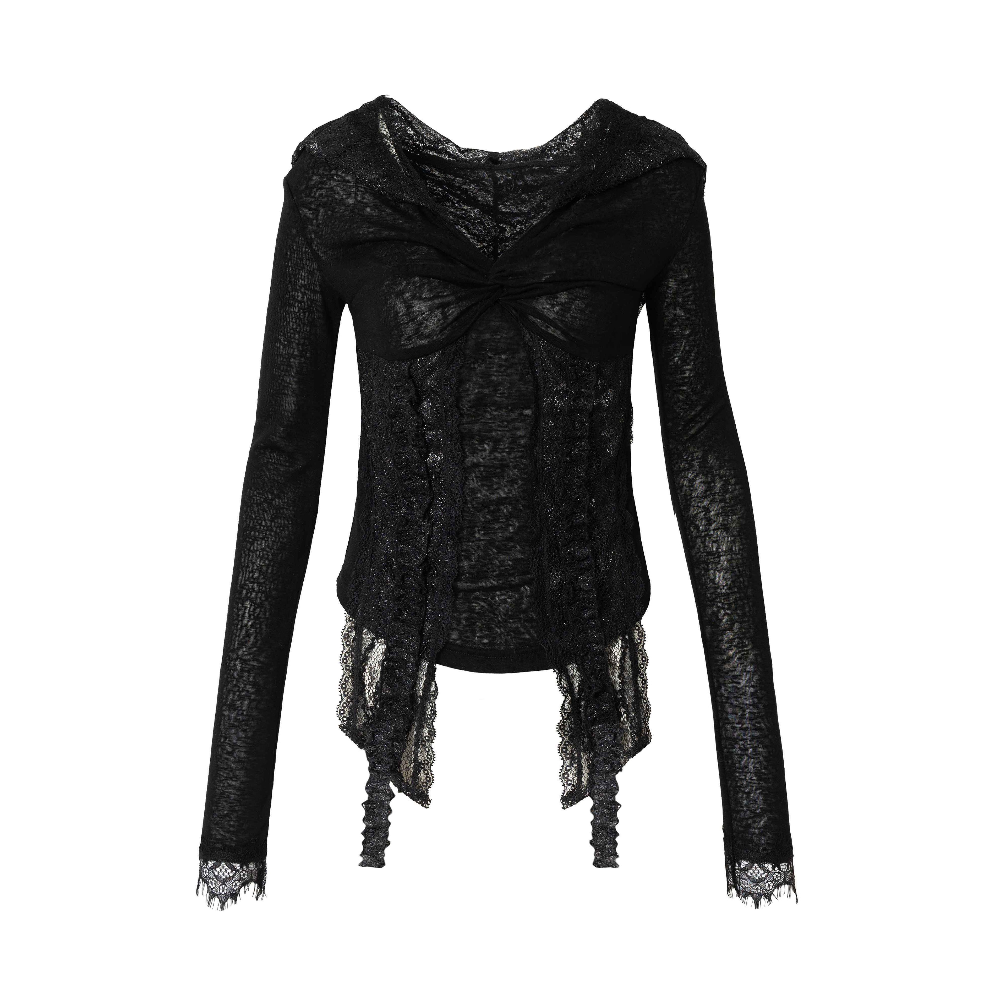 NO_ROMANCE_Lace_Trim_Hooded_Punk_Slim_Fit_Women_V-neck_Stretch_Pullover_Long_Sleeve_T-Shirts_MISSTT