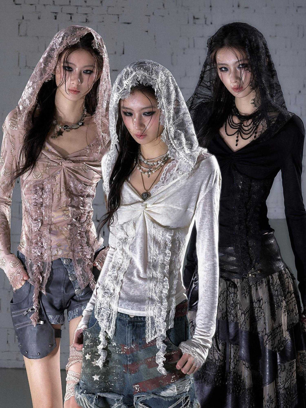 NO ROMANCE Lace Trim Hooded Punk Slim Fit Women V-neck Stretch Pullover Long Sleeve T-Shirts