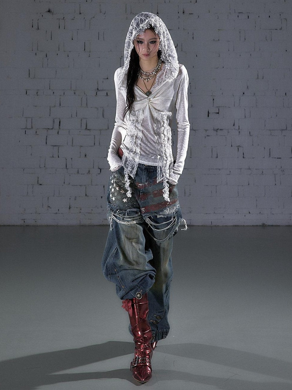 NO ROMANCE Lace Trim Hooded Punk Slim Fit Women V-neck Stretch Pullover Long Sleeve T-Shirts