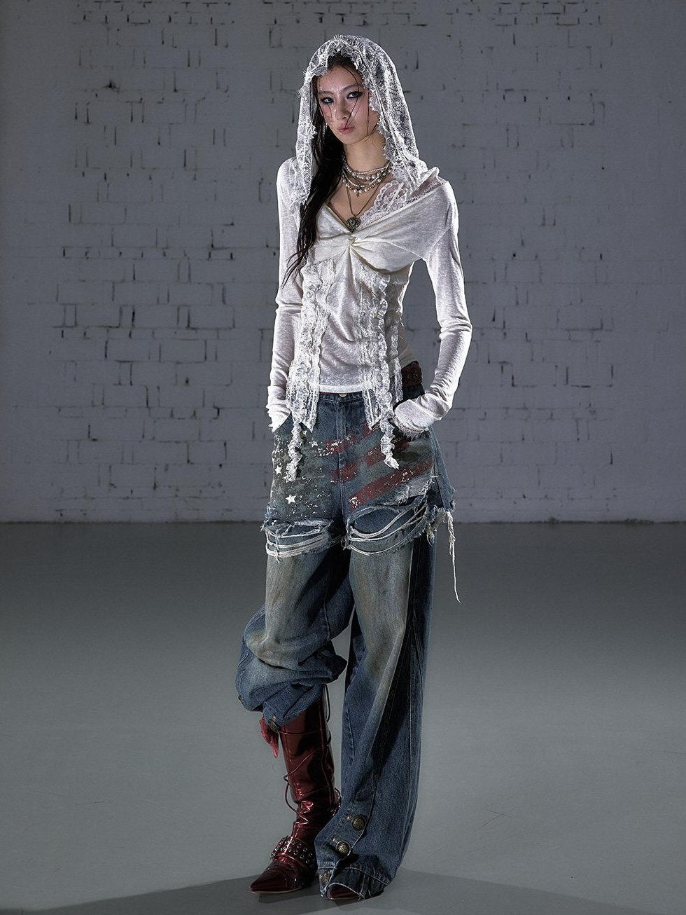 NO ROMANCE Lace Trim Hooded Punk Slim Fit Women V-neck Stretch Pullover Long Sleeve T-Shirts