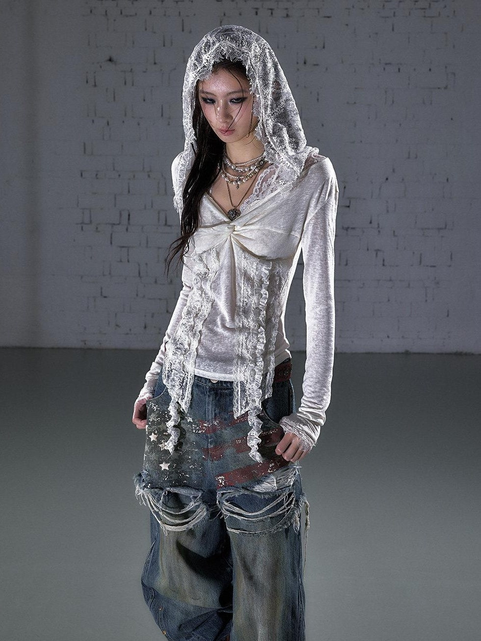 NO ROMANCE Lace Trim Hooded Punk Slim Fit Women V-neck Stretch Pullover Long Sleeve T-Shirts