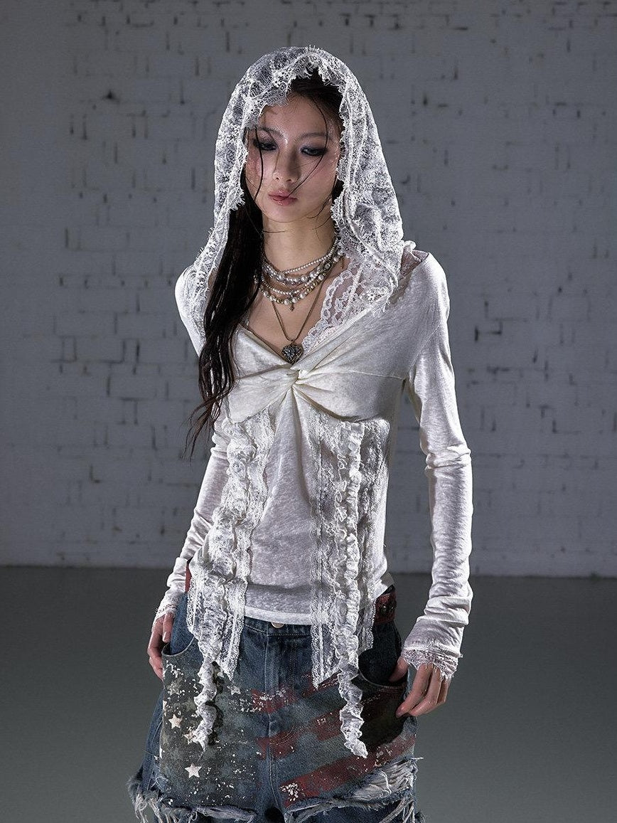 NO ROMANCE Lace Trim Hooded Punk Slim Fit Women V-neck Stretch Pullover Long Sleeve T-Shirts