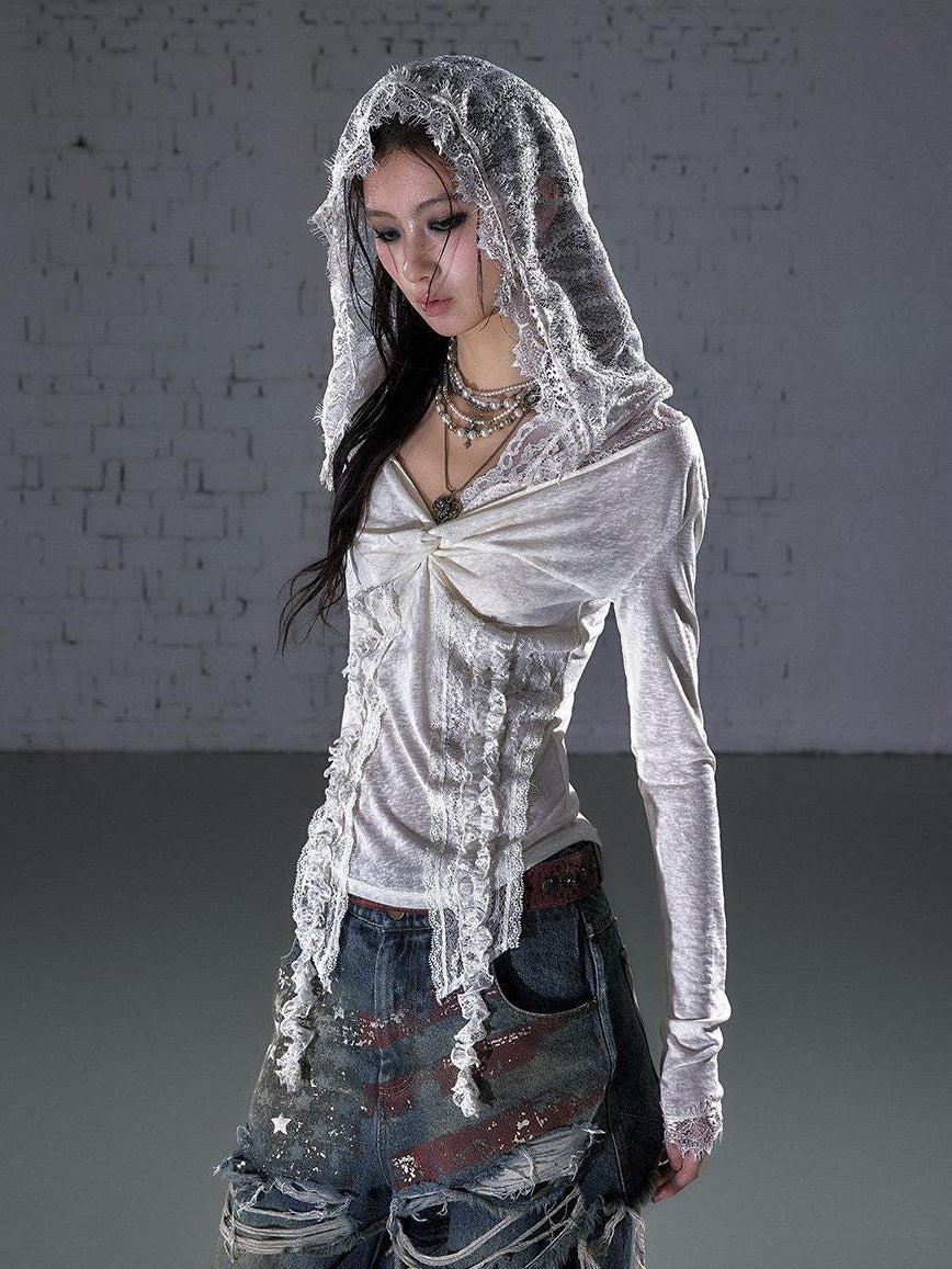 NO ROMANCE Lace Trim Hooded Punk Slim Fit Women V-neck Stretch Pullover Long Sleeve T-Shirts