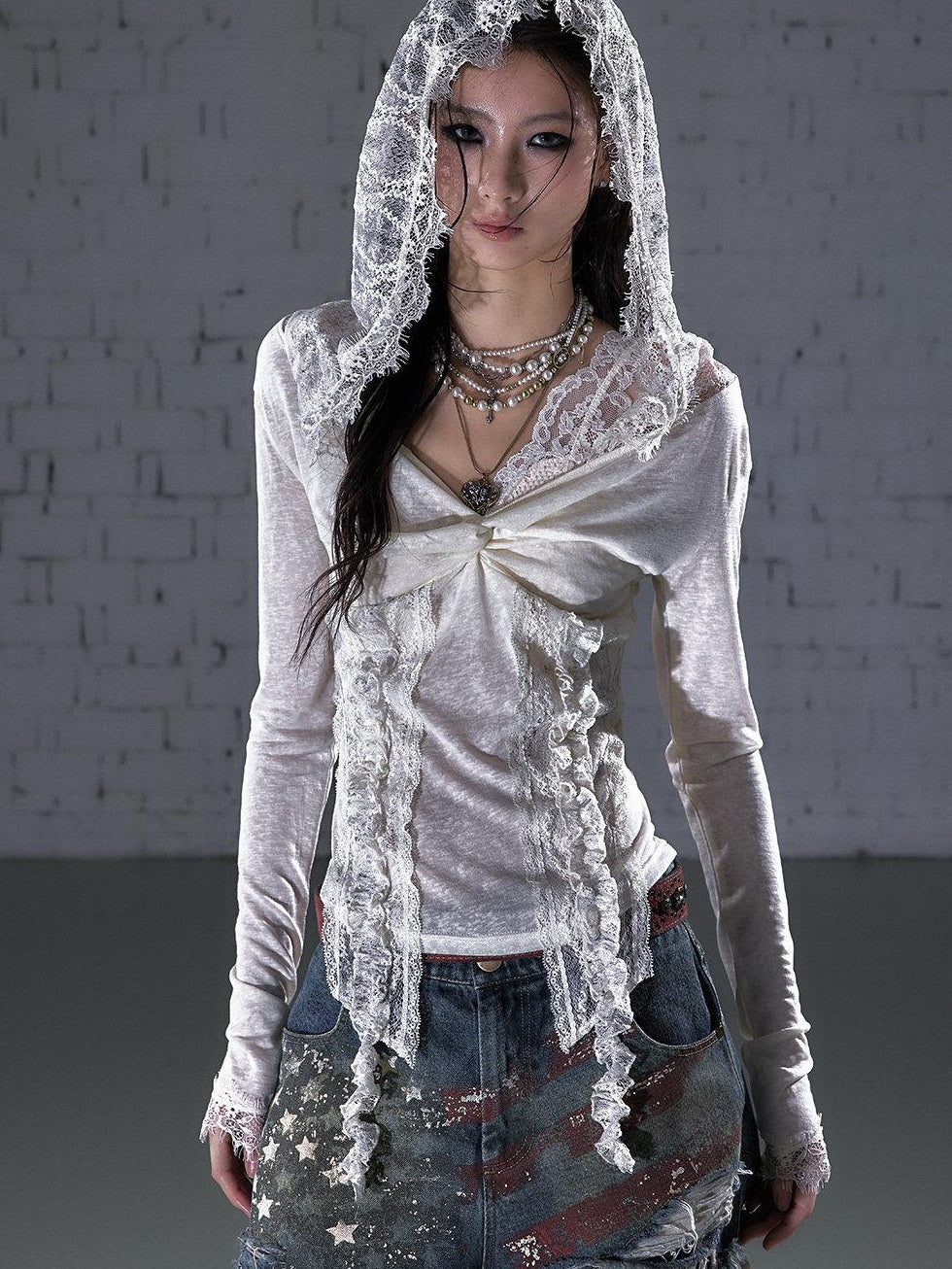 NO ROMANCE Lace Trim Hooded Punk Slim Fit Women V-neck Stretch Pullover Long Sleeve T-Shirts