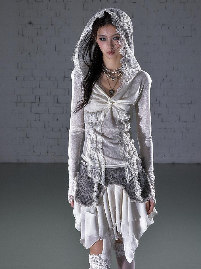 NO ROMANCE Lace Trim Hooded Punk Slim Fit Women V-neck Stretch Pullover Long Sleeve T-Shirts