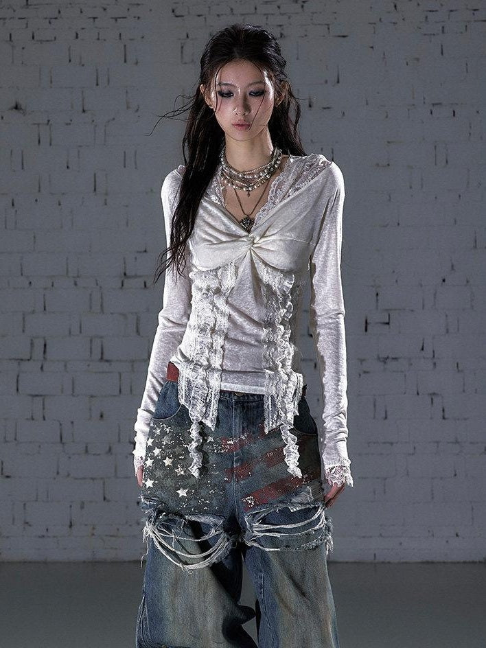 NO ROMANCE Lace Trim Hooded Punk Slim Fit Women V-neck Stretch Pullover Long Sleeve T-Shirts