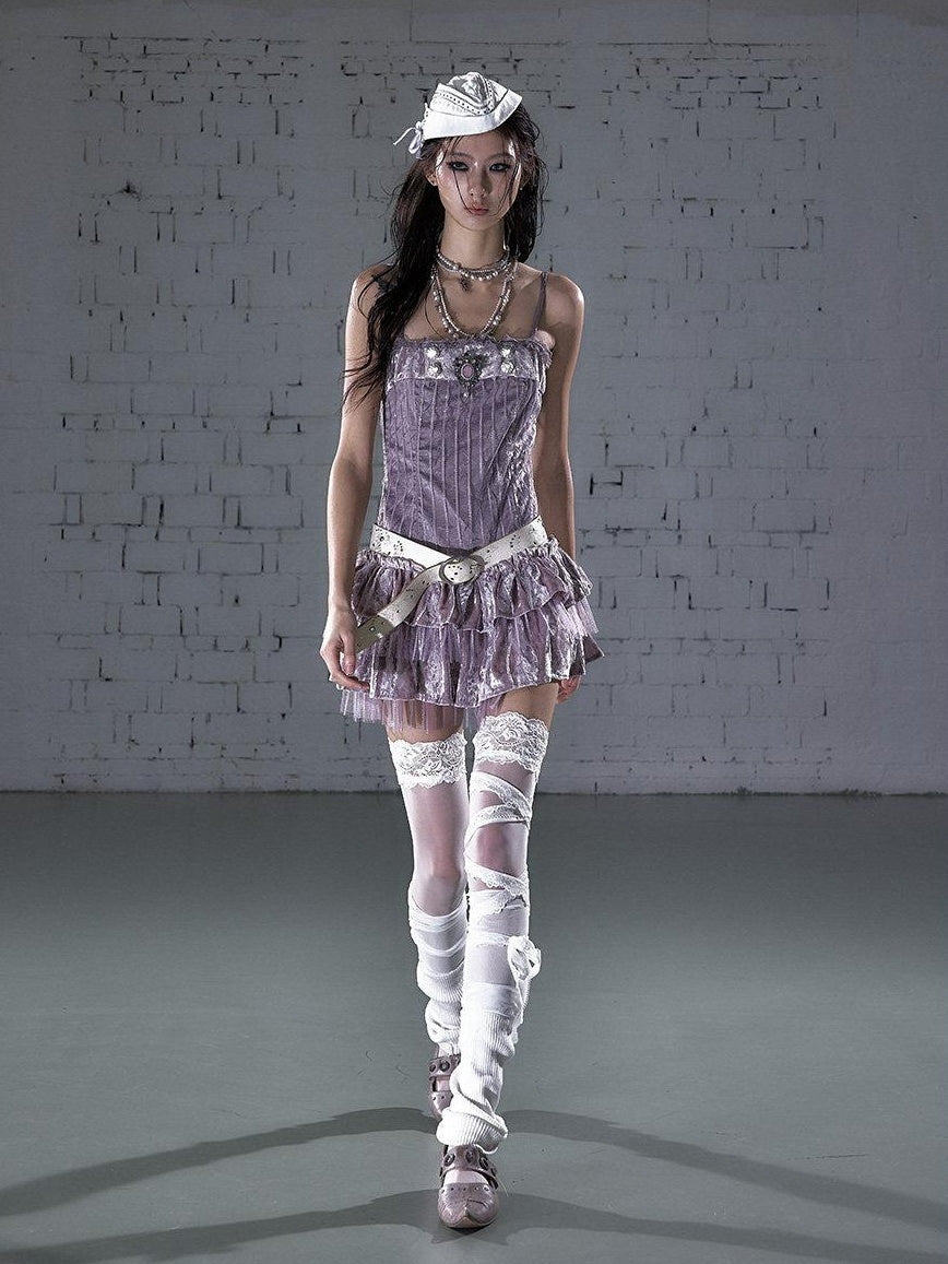 NO ROMANCE Lavender Velvet Ballet Puff Slim Fit Strappy Casual Youth Slip Mini Dresses