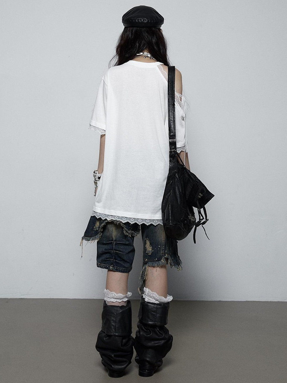 NO ROMANCE Light Lace Patchwork Printed Oversized Urban Black Cotton Short Sleeve T-Shirts