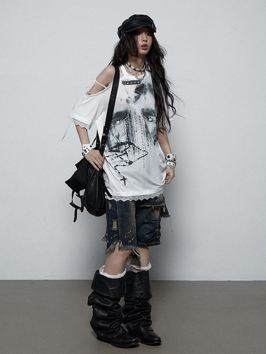NO ROMANCE Light Lace Patchwork Printed Oversized Urban Black Cotton Short Sleeve T-Shirts