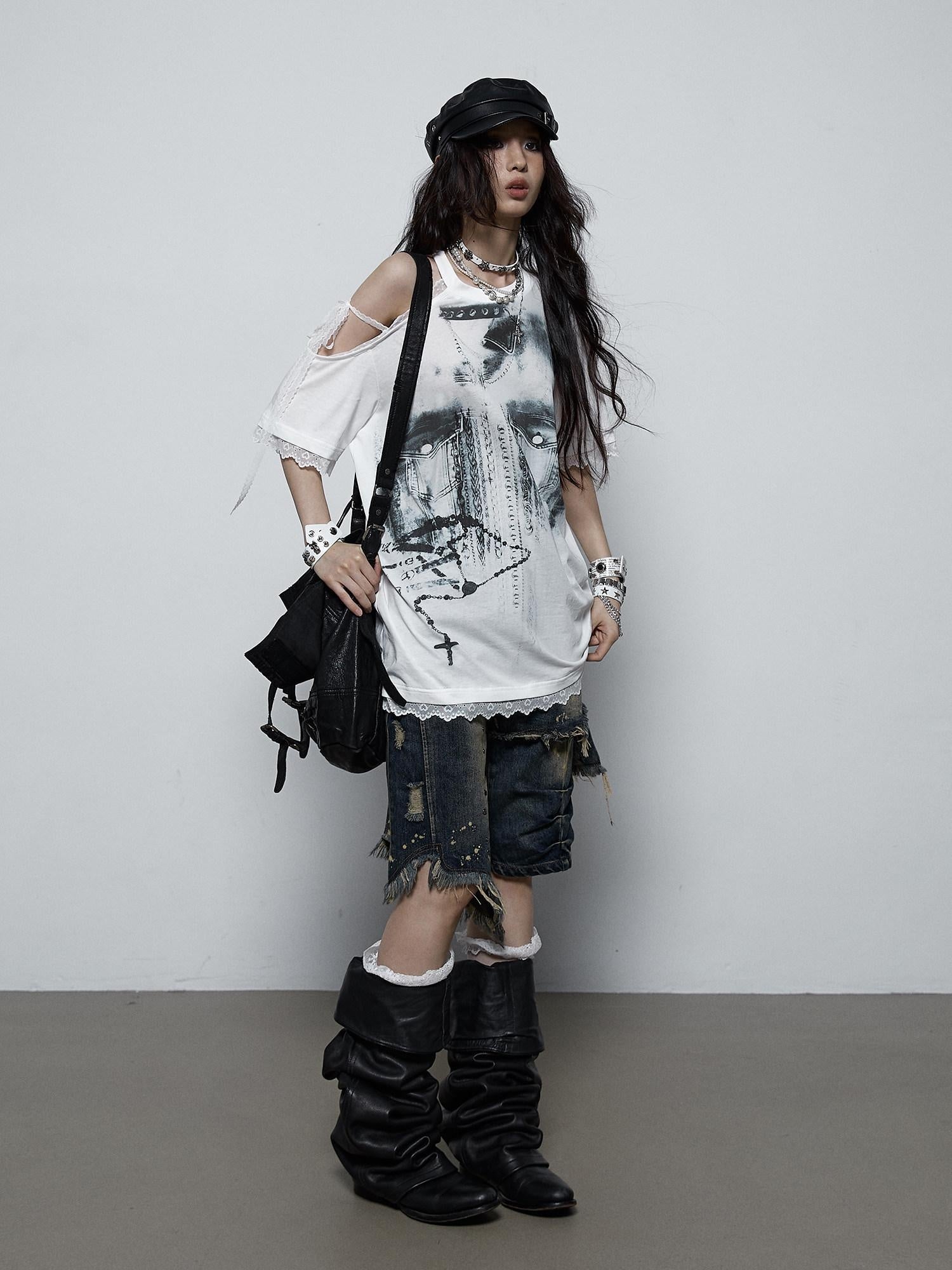 NO ROMANCE Light Lace Patchwork Printed Oversized Urban Black Cotton Short Sleeve T-Shirts