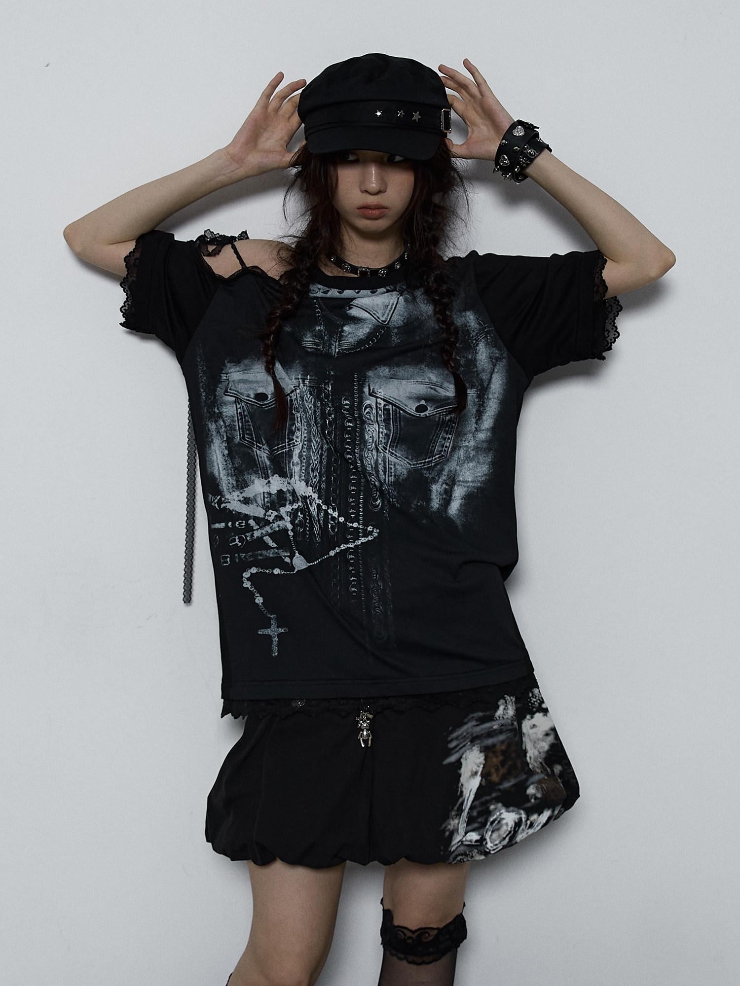 NO ROMANCE Light Lace Patchwork Printed Oversized Urban Black Cotton Short Sleeve T-Shirts