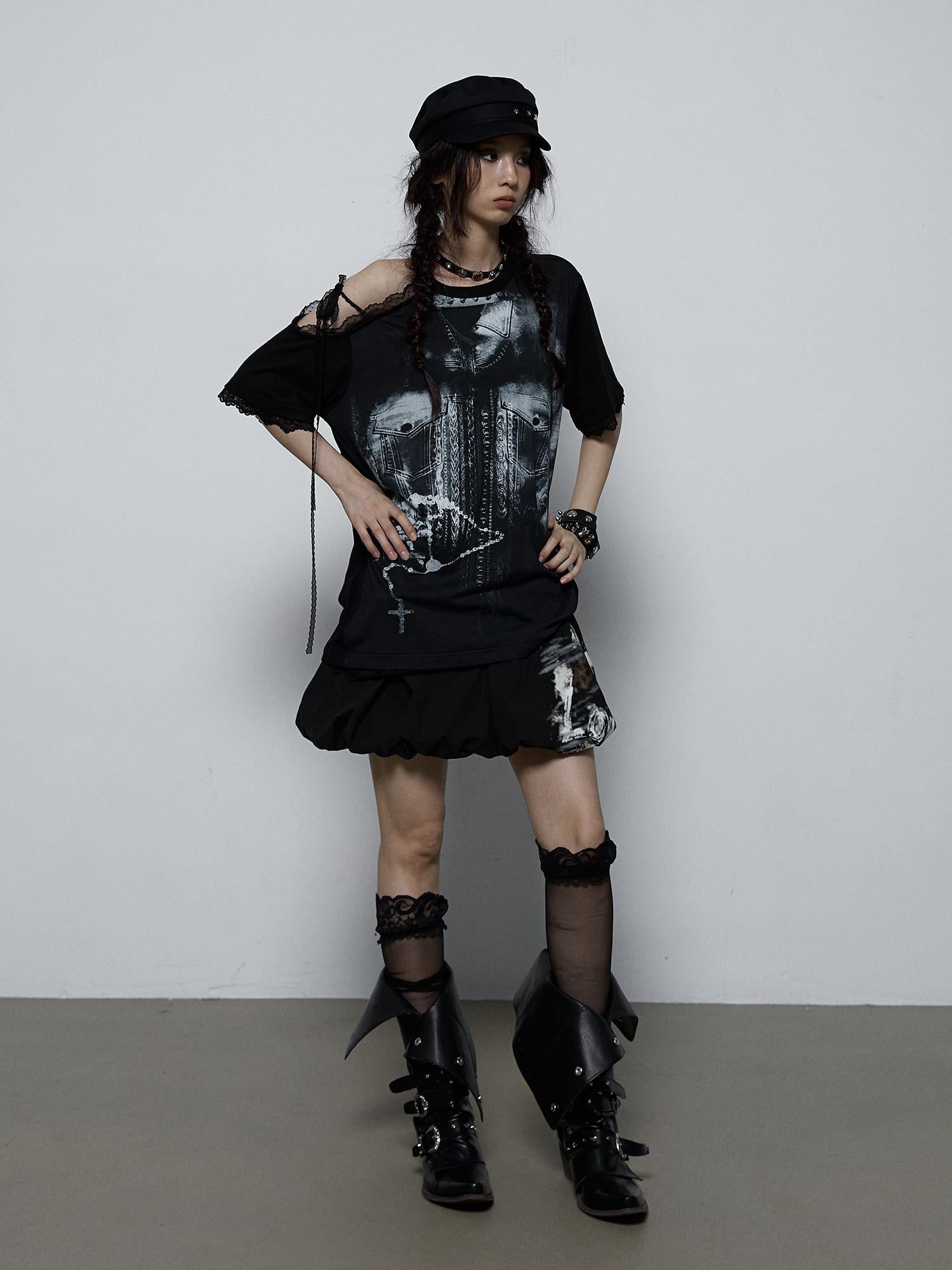 NO ROMANCE Light Lace Patchwork Printed Oversized Urban Black Cotton Short Sleeve T-Shirts