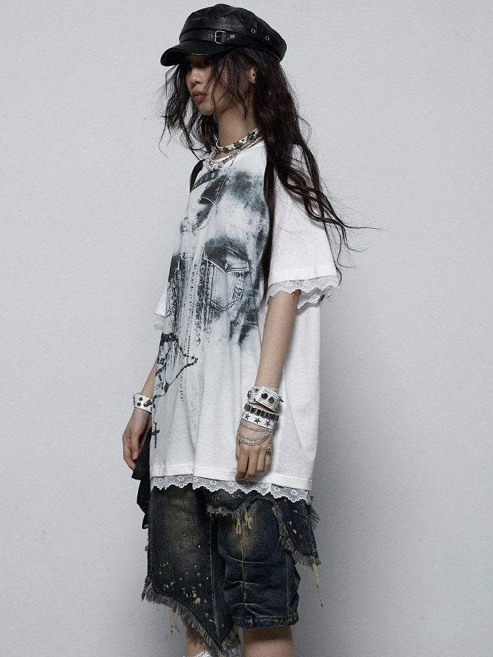 NO ROMANCE Light Lace Patchwork Printed Oversized Urban Black Cotton Short Sleeve T-Shirts