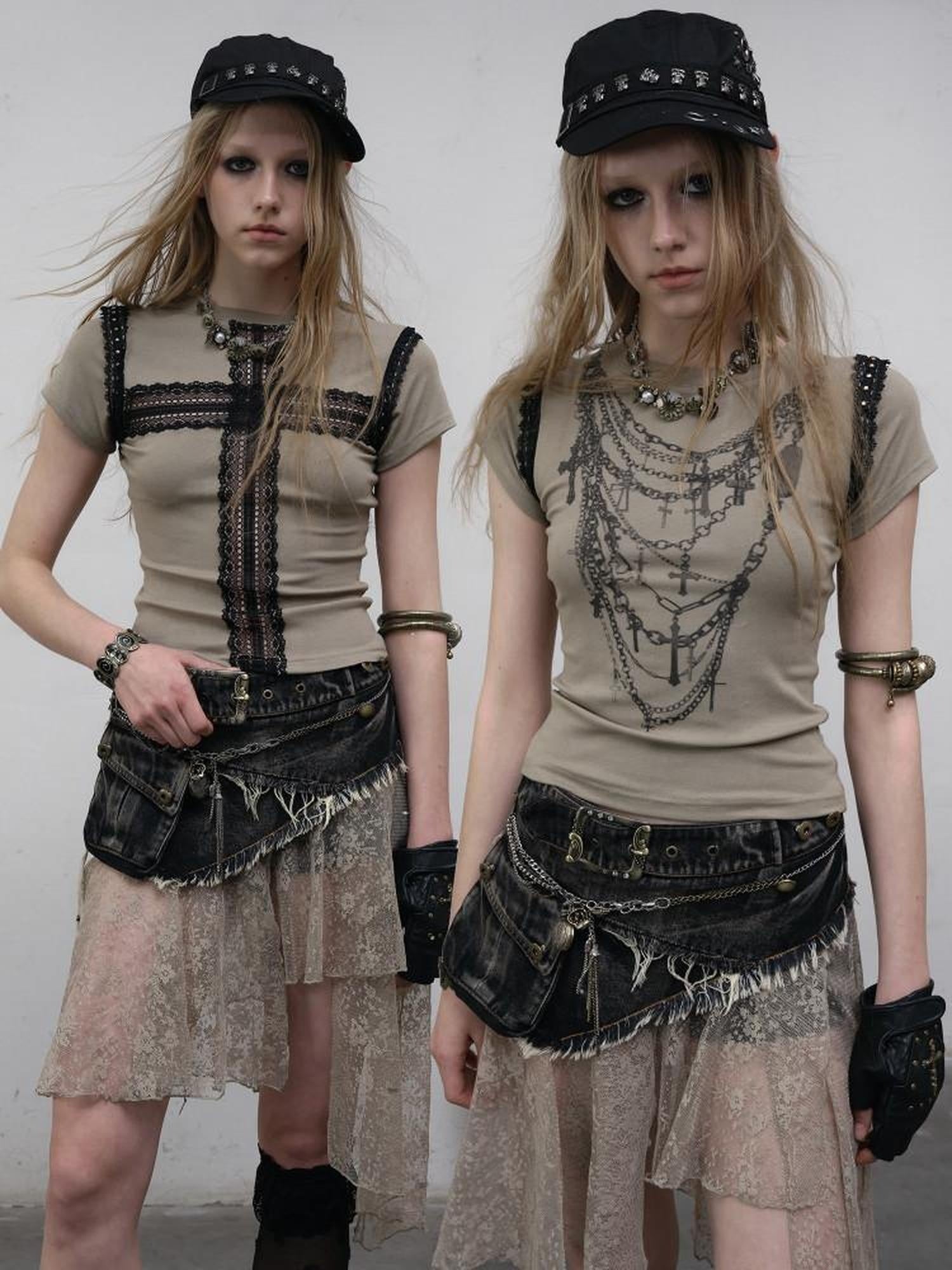 NO ROMANCE Light Stretch Viscose Street Punk Slim Short Sleeve Women Gray Crop Tops