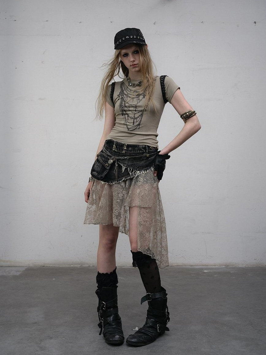 NO ROMANCE Light Stretch Viscose Street Punk Slim Short Sleeve Women Gray Crop Tops