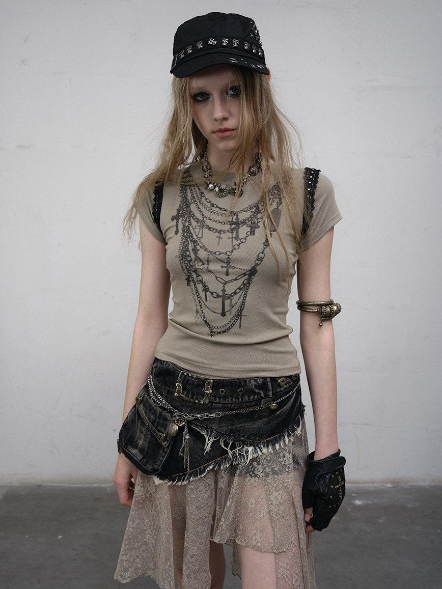 NO ROMANCE Light Stretch Viscose Street Punk Slim Short Sleeve Women Gray Crop Tops