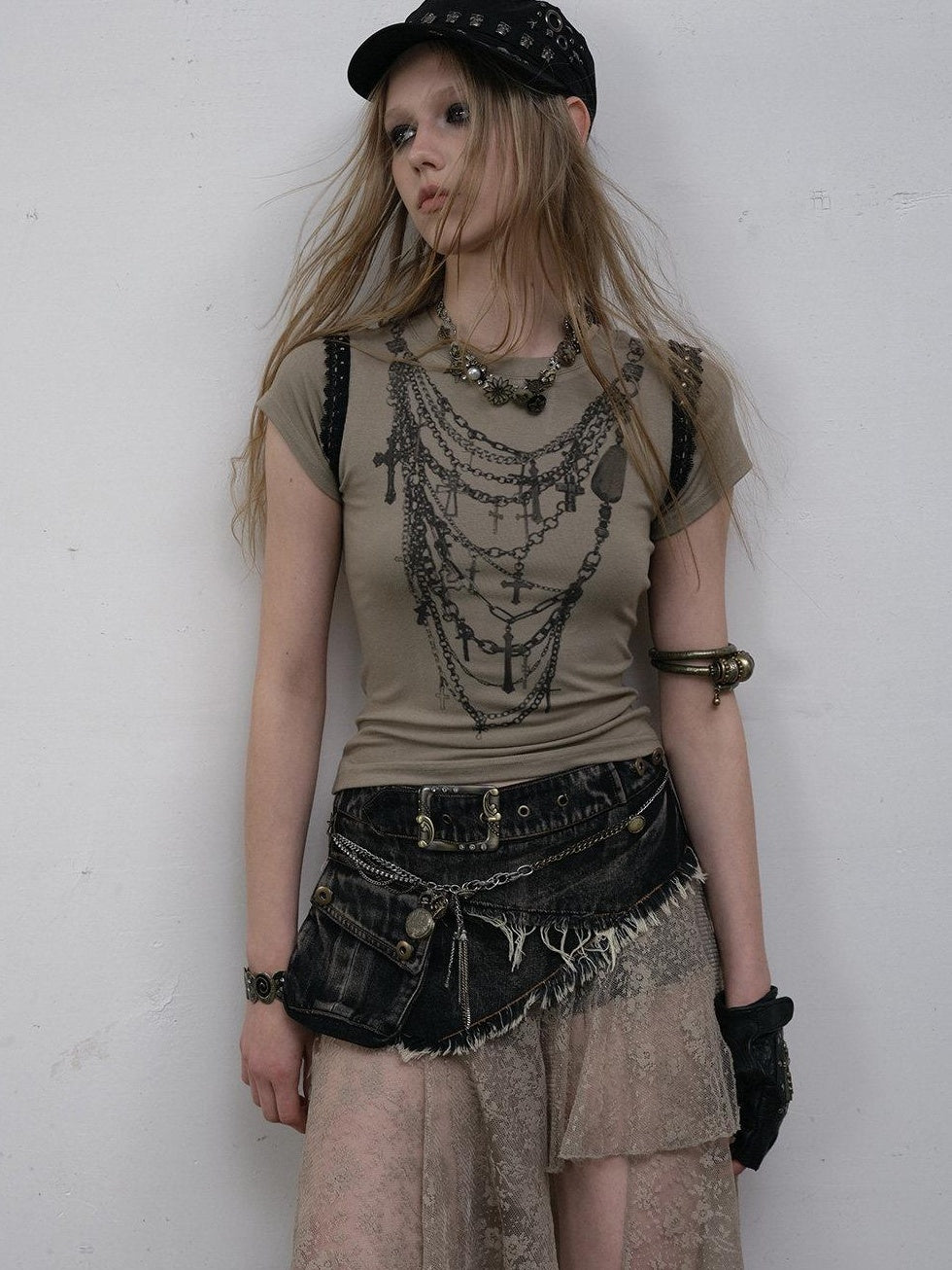 NO ROMANCE Light Stretch Viscose Street Punk Slim Short Sleeve Women Gray Crop Tops