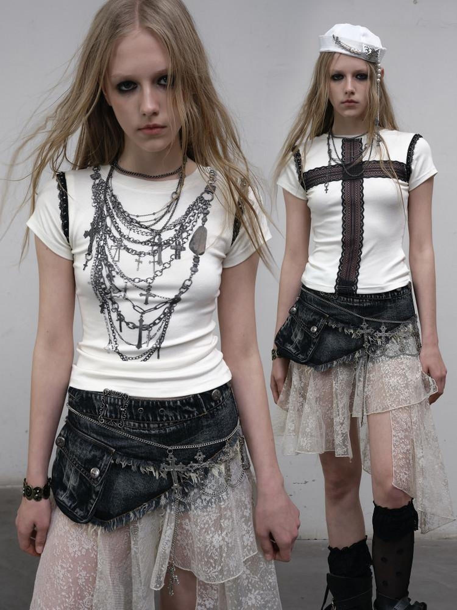NO ROMANCE Light Stretch Viscose Street Punk Slim Short Sleeve Women Gray Crop Tops