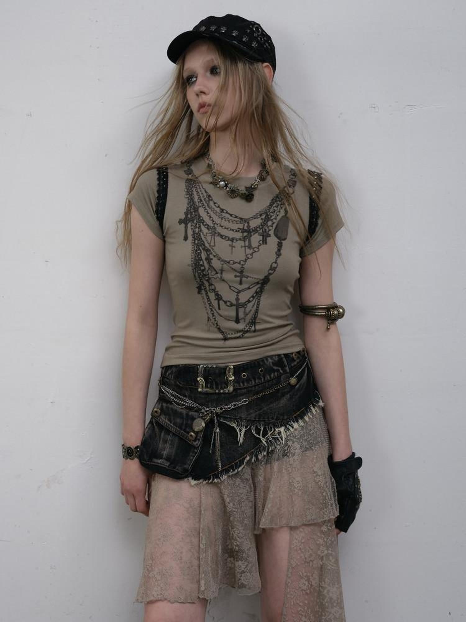 NO ROMANCE Light Stretch Viscose Street Punk Slim Short Sleeve Women Gray Crop Tops