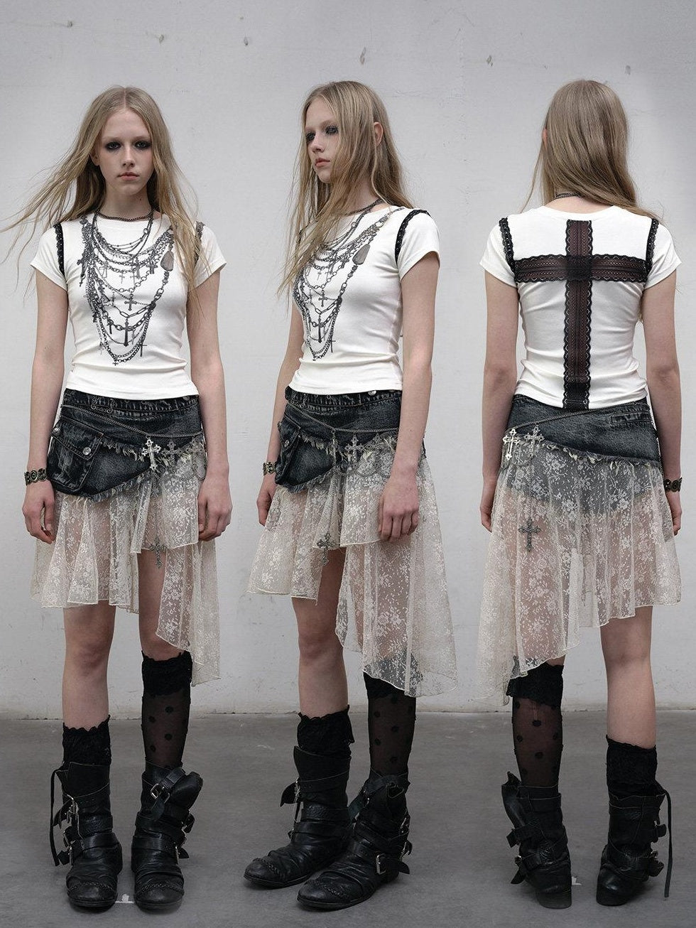 NO ROMANCE Light Stretch Viscose Street Punk Slim Short Sleeve Women Gray Crop Tops