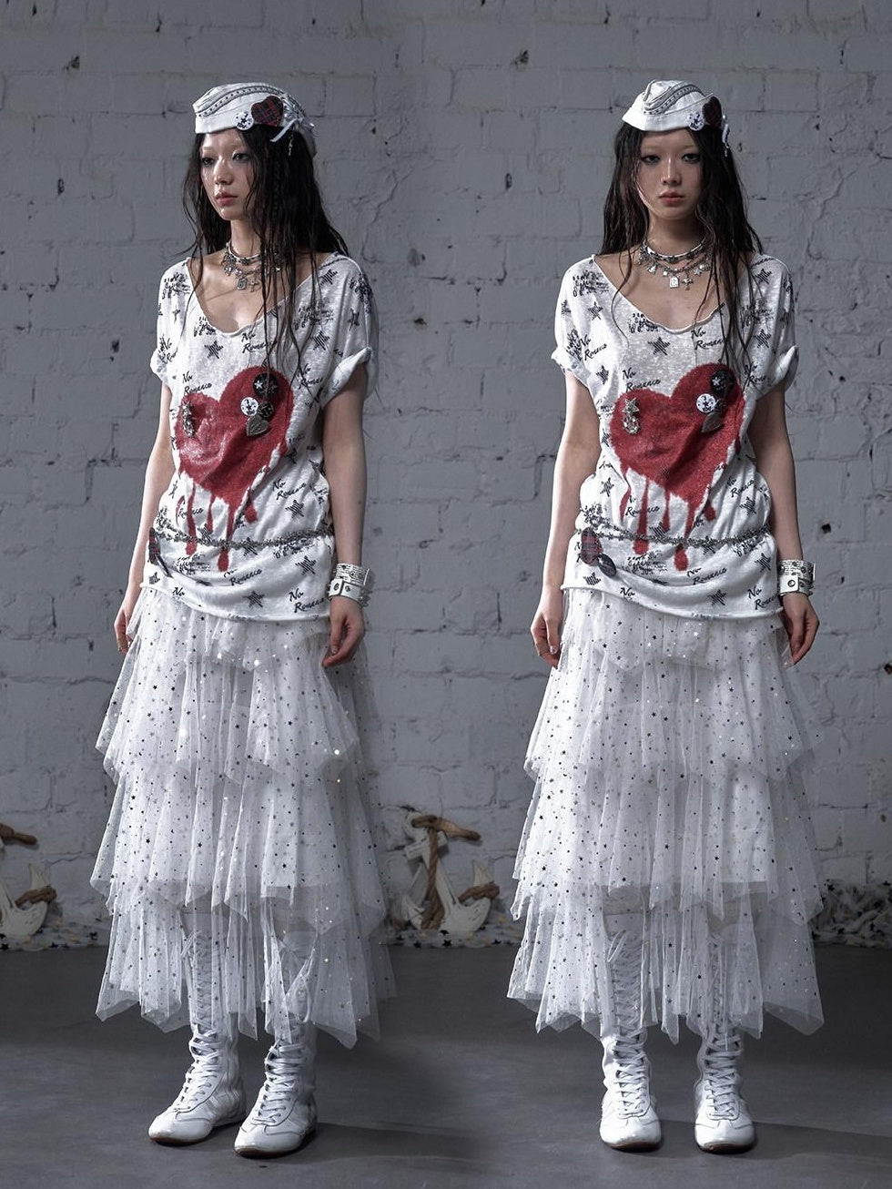 NO ROMANCE Lightweight Cotton Street Punk Slim Women Heart Print Short Sleeve T-Shirts