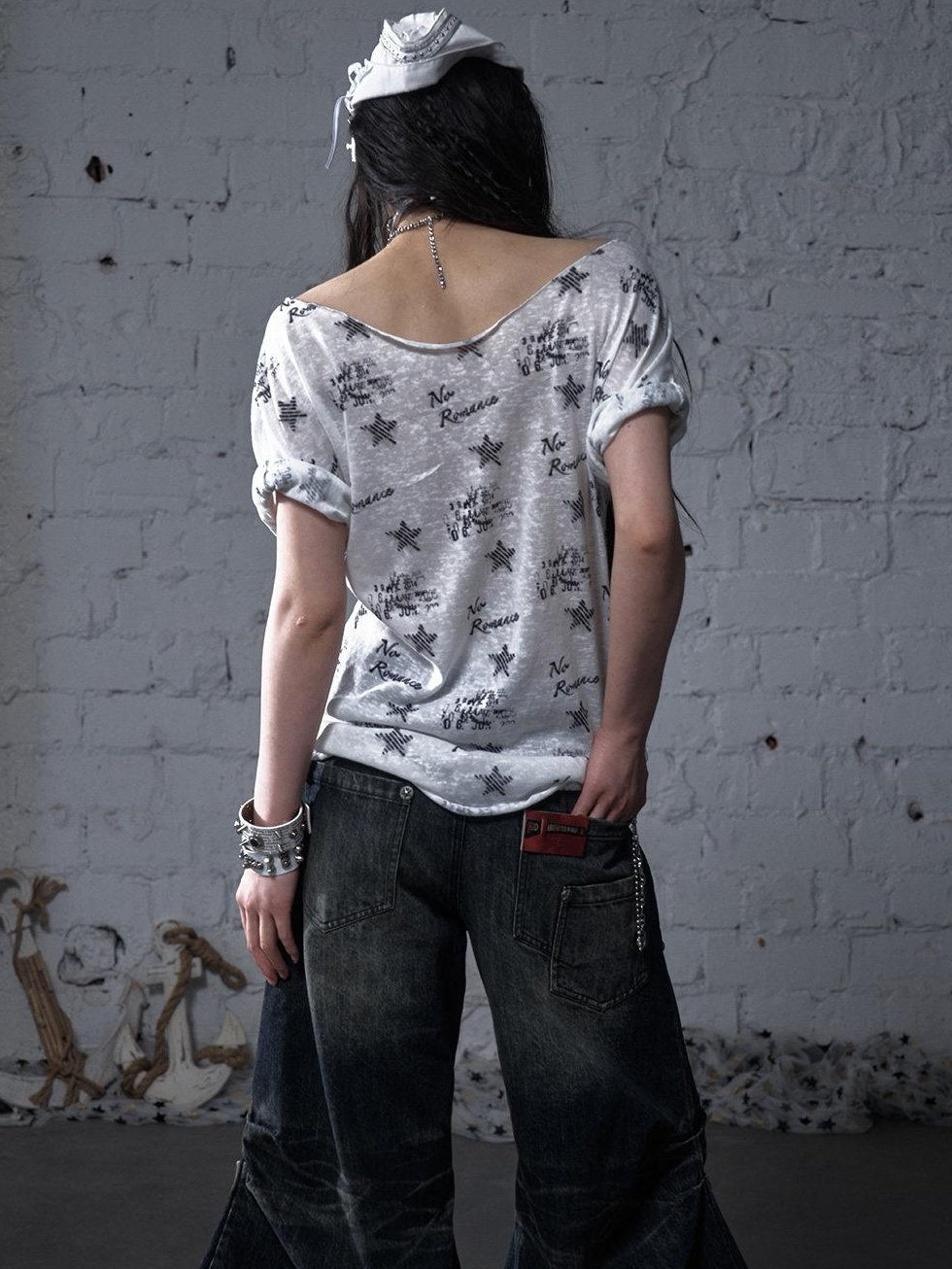 NO ROMANCE Lightweight Cotton Street Punk Slim Women Heart Print Short Sleeve T-Shirts