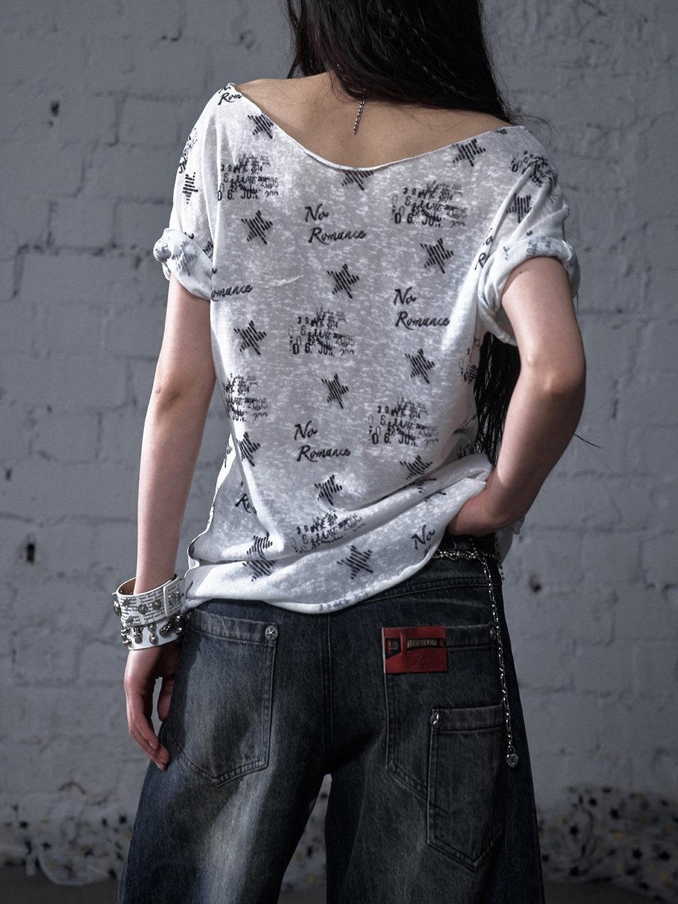 NO ROMANCE Lightweight Cotton Street Punk Slim Women Heart Print Short Sleeve T-Shirts
