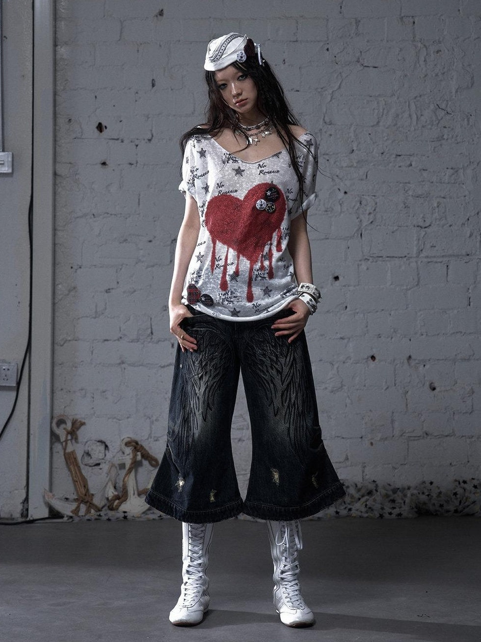 NO ROMANCE Lightweight Cotton Street Punk Slim Women Heart Print Short Sleeve T-Shirts