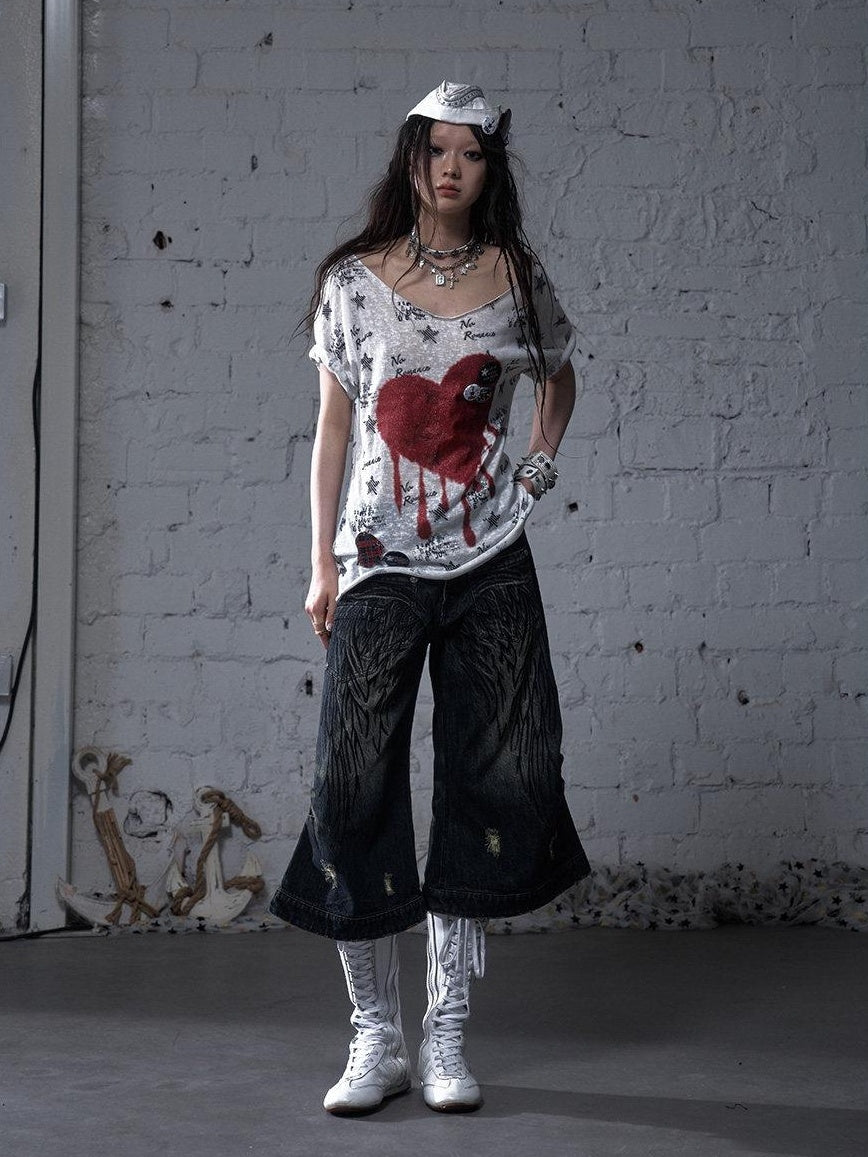 NO ROMANCE Lightweight Cotton Street Punk Slim Women Heart Print Short Sleeve T-Shirts