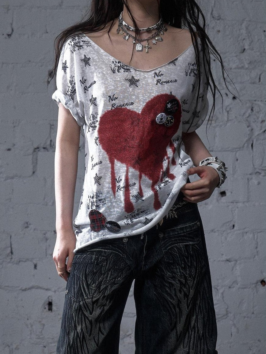 NO ROMANCE Lightweight Cotton Street Punk Slim Women Heart Print Short Sleeve T-Shirts