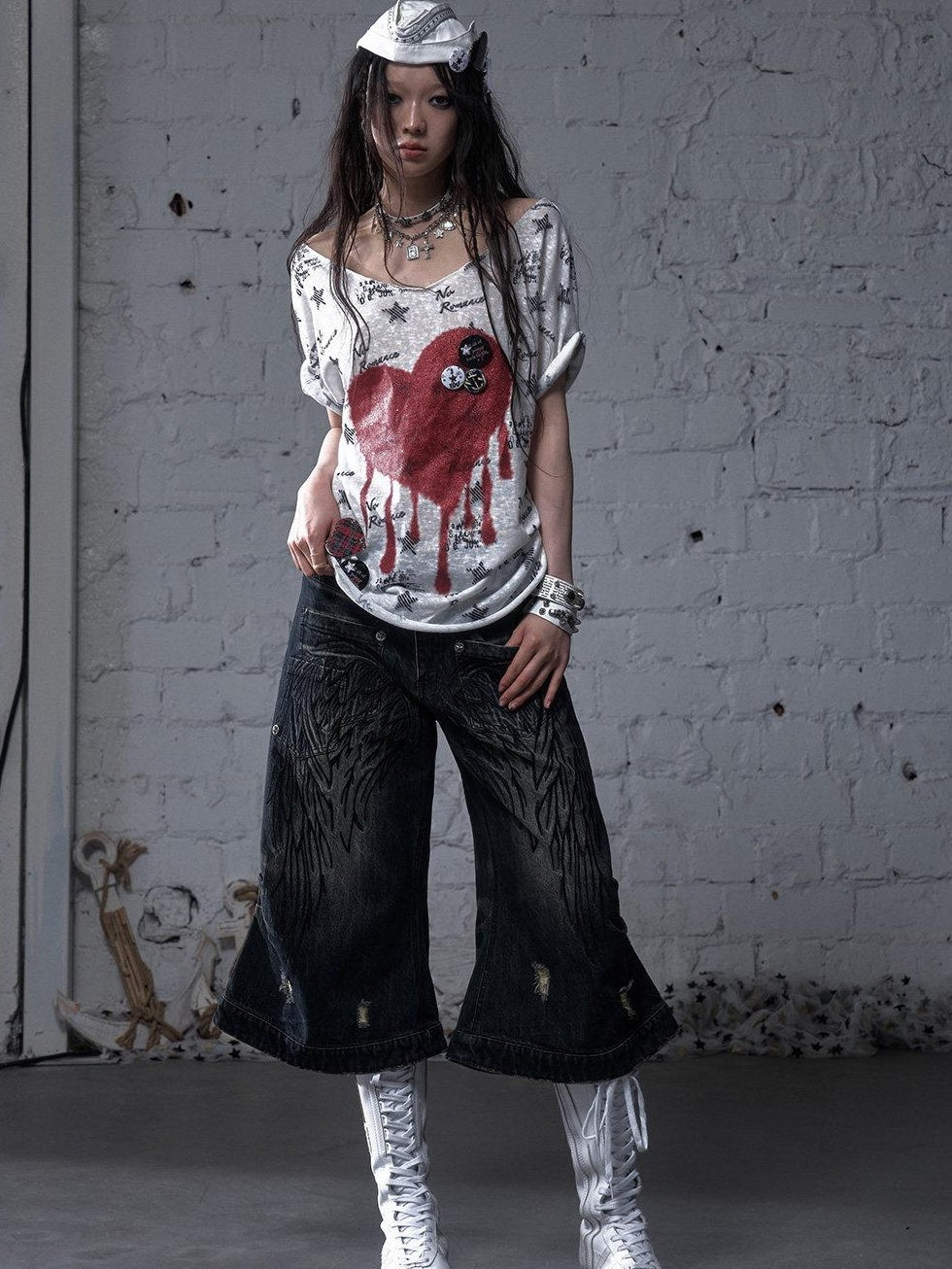 NO ROMANCE Lightweight Cotton Street Punk Slim Women Heart Print Short Sleeve T-Shirts