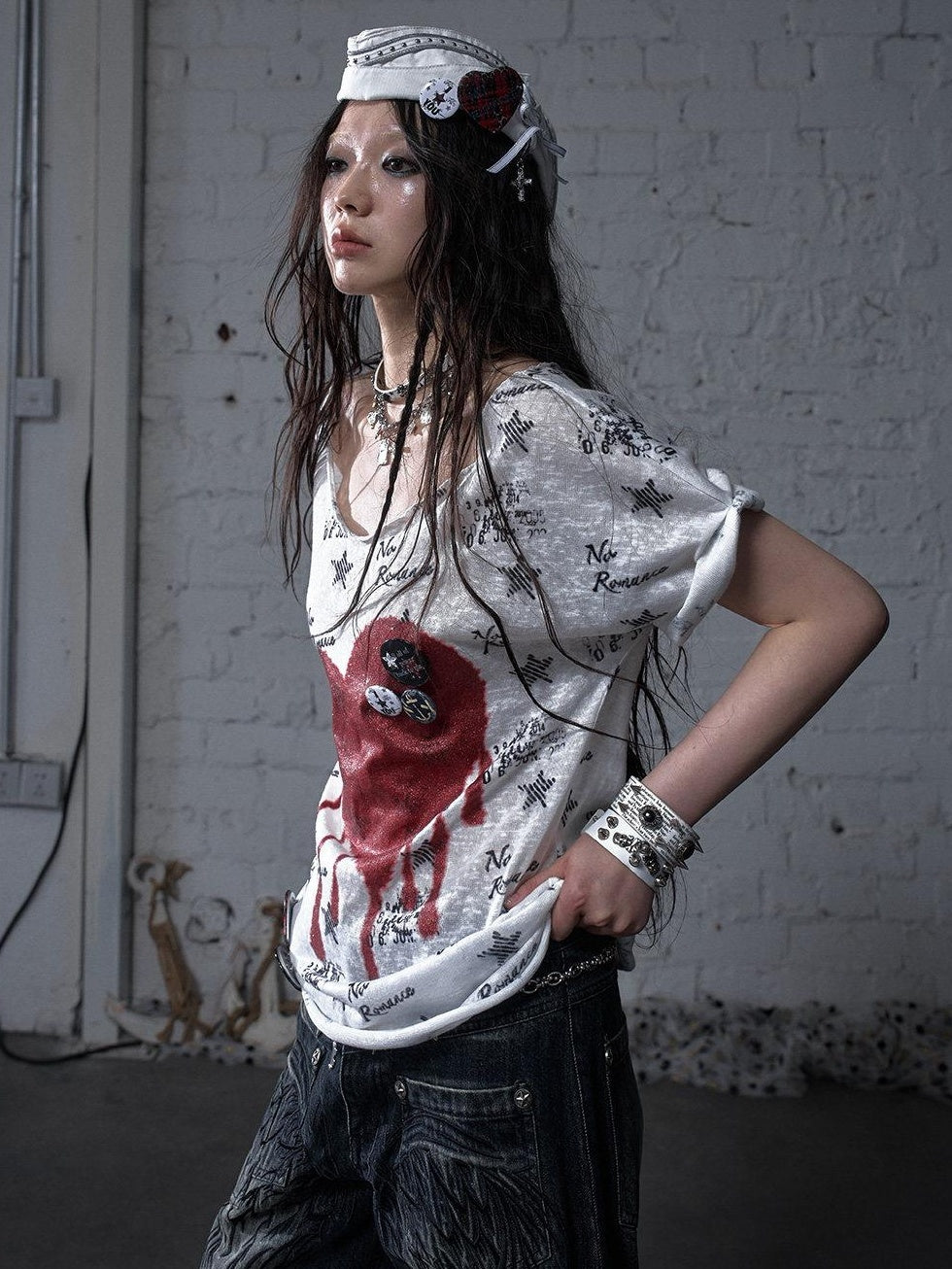 NO ROMANCE Lightweight Cotton Street Punk Slim Women Heart Print Short Sleeve T-Shirts