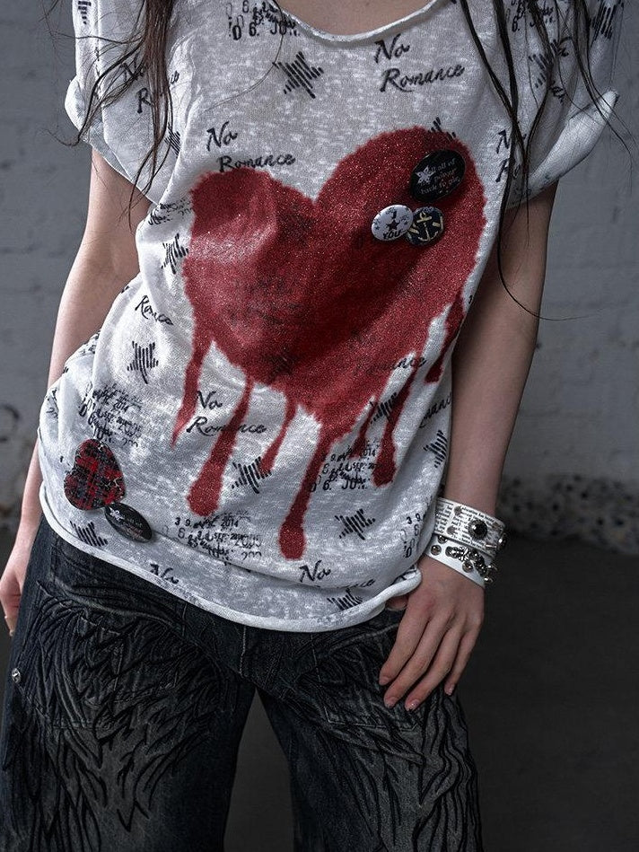 NO ROMANCE Lightweight Cotton Street Punk Slim Women Heart Print Short Sleeve T-Shirts