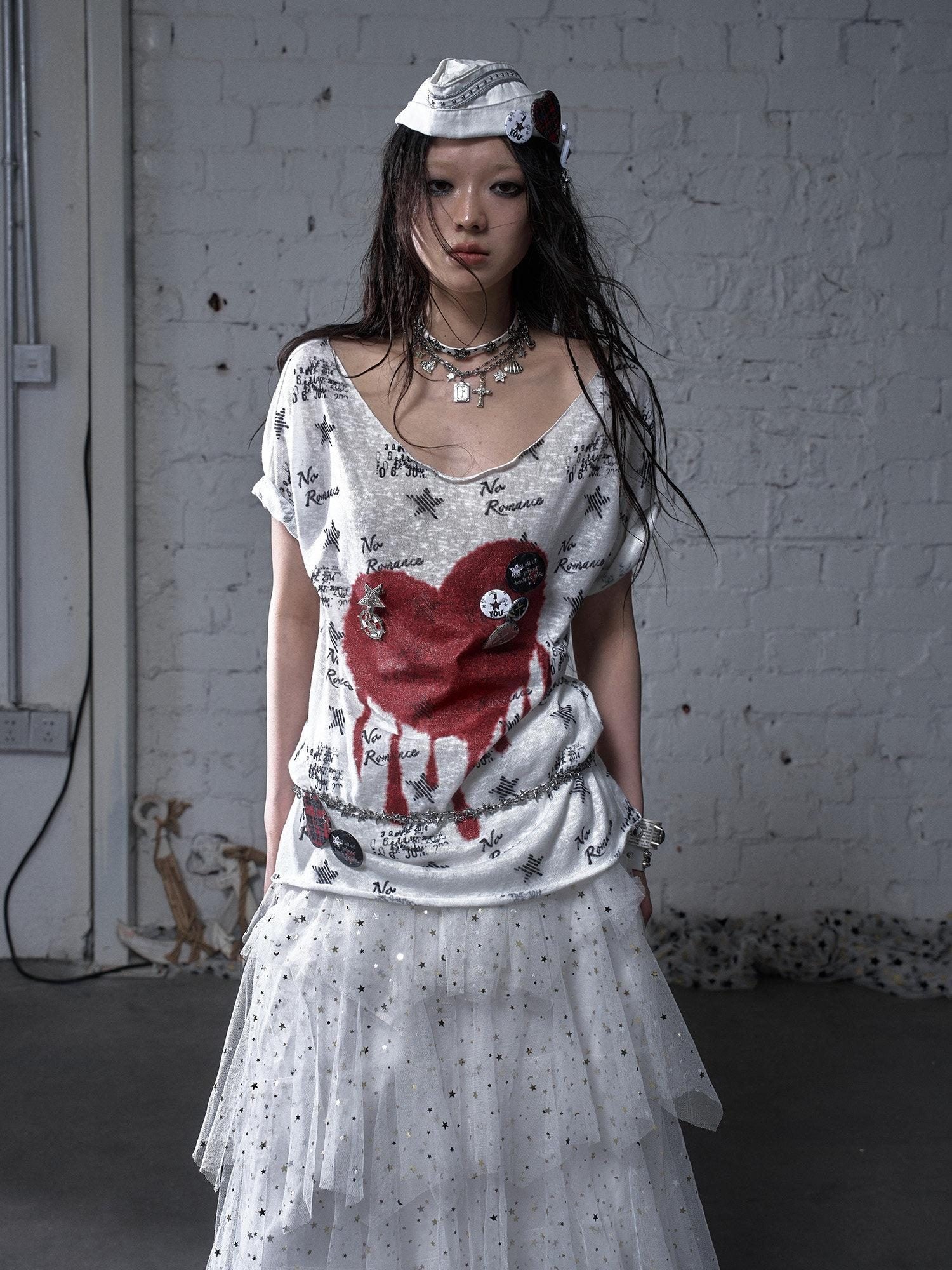 NO ROMANCE Lightweight Cotton Street Punk Slim Women Heart Print Short Sleeve T-Shirts